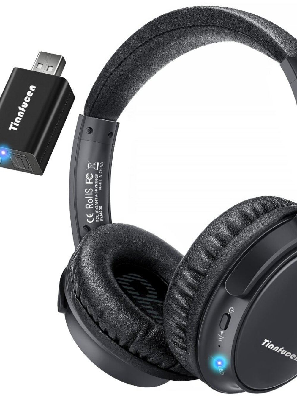 Tianfucen BKM400 Wireless TV Headphones, 40H Playtime, Black, Easy Setup